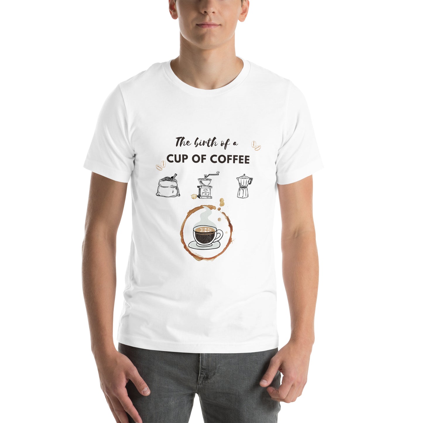 The birth of a cop of Coffee Unisex t-shirt