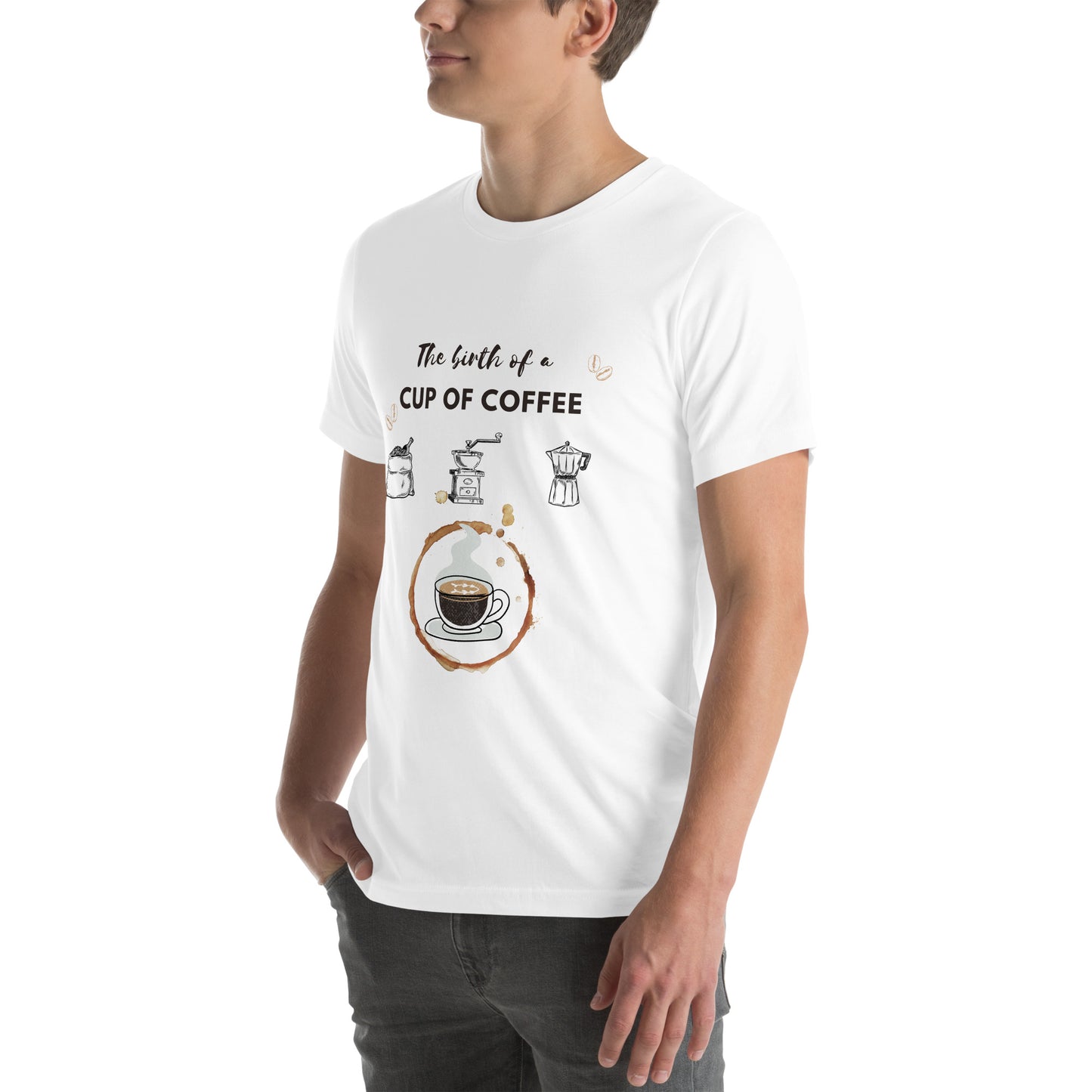 The birth of a cop of Coffee Unisex t-shirt